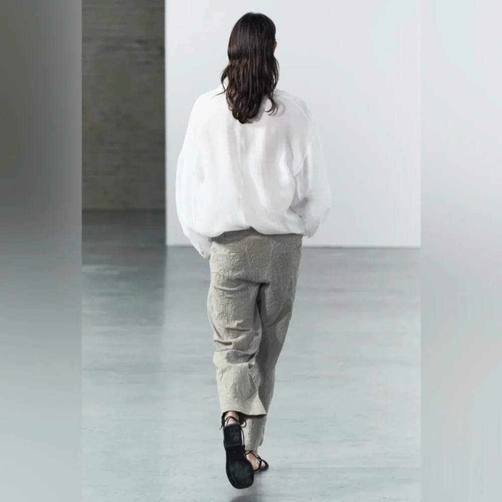 Embroidered Light Gray Linen-Blend Wide Leg Pants